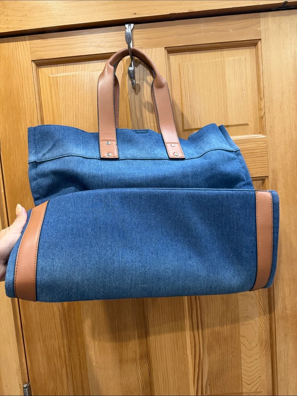 True Religion Denim Tote Bag in Blue with Brown Handles